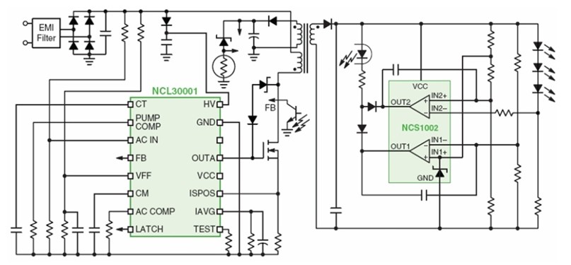 圖4：基于NCL30001的40-150 W AC-DC LED照明方案