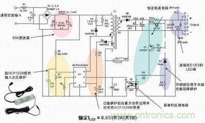 安森美半導體離線式第二代LED驅動器NCP1014/1028的應用示意圖。