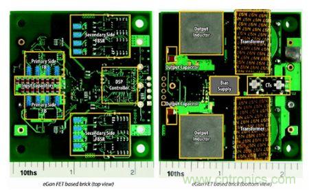 圖6：采用eGaN FET設(shè)計(jì)的48V至53V半磚PSE轉(zhuǎn)換器的頂視圖和底視圖(單位為英寸)。