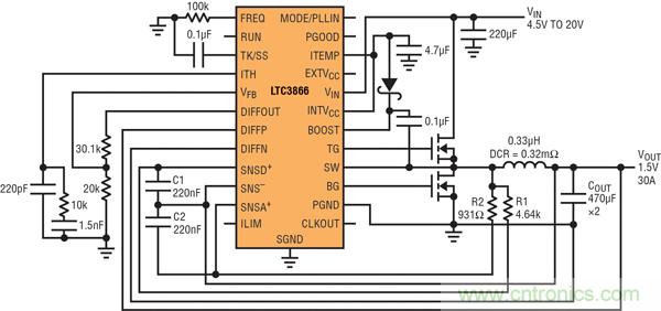 圖2：以非常低的DCR完成采樣的高效率、1.5V/30A降壓型轉(zhuǎn)換器