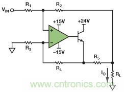 圖1. 改進型Howland電流源驅(qū)動接地負載。