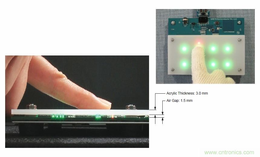 圖7. 安森美半導(dǎo)體電容式觸摸傳感器具有高度靈敏度，支持戴手套觸摸，支持含氣隙應(yīng)用