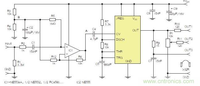 含運(yùn)算放大器和NE555定時(shí)器的耳機(jī)和音頻線路驅(qū)動(dòng)器。也可以使用CMOS版本(如LMC555)，但輸出電流較低。其優(yōu)點(diǎn)為工作頻率較高。