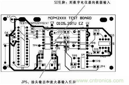 這是對圖2所示電路的第一次布線嘗試。此配置在模擬線路上產(chǎn)生不規(guī)律的噪聲，這是因為在特定數(shù)字走線上的數(shù)據(jù)輸入碼隨著數(shù)字電位器的編程需求而改變。