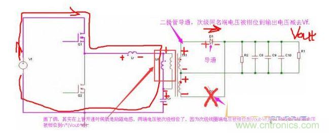 上管開通，注意諧振電感、勵磁電感、諧振電容的正負