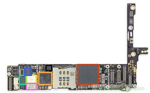 iPhone 6 Plus主板采用1GB RAM的蘋果A8 SoC作為核心部件。（來源：iFixit）