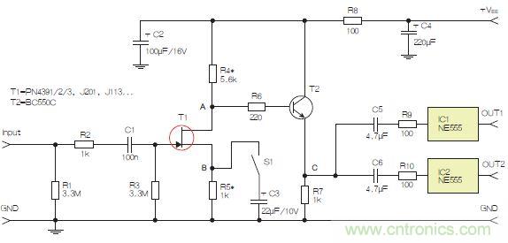 圖3：采用兩個工作在不同頻率下的555定時器電路，以獲取不同的音效。