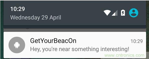 圖10 – 安卓系統(tǒng)通知，提示附近發(fā)現(xiàn)Beacon