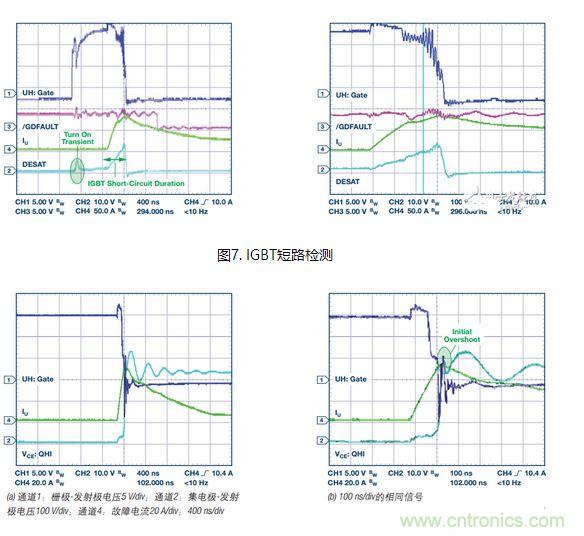 過流關(guān)斷時(shí)序延遲（通道1：柵極-發(fā)射極電壓10 V/div；通道2：來自 控制器的PWM信號(hào)5 V/div；通道3：低電平有效跳變信號(hào)5 V/div；100 ns/div）