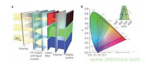  LCD顯示器示意圖。TFT表示薄膜晶體管（thin-film transistor）。