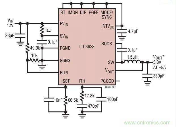 高效率、15V 軌至軌輸出同步降壓型穩(wěn)壓器能提供或吸收 5A